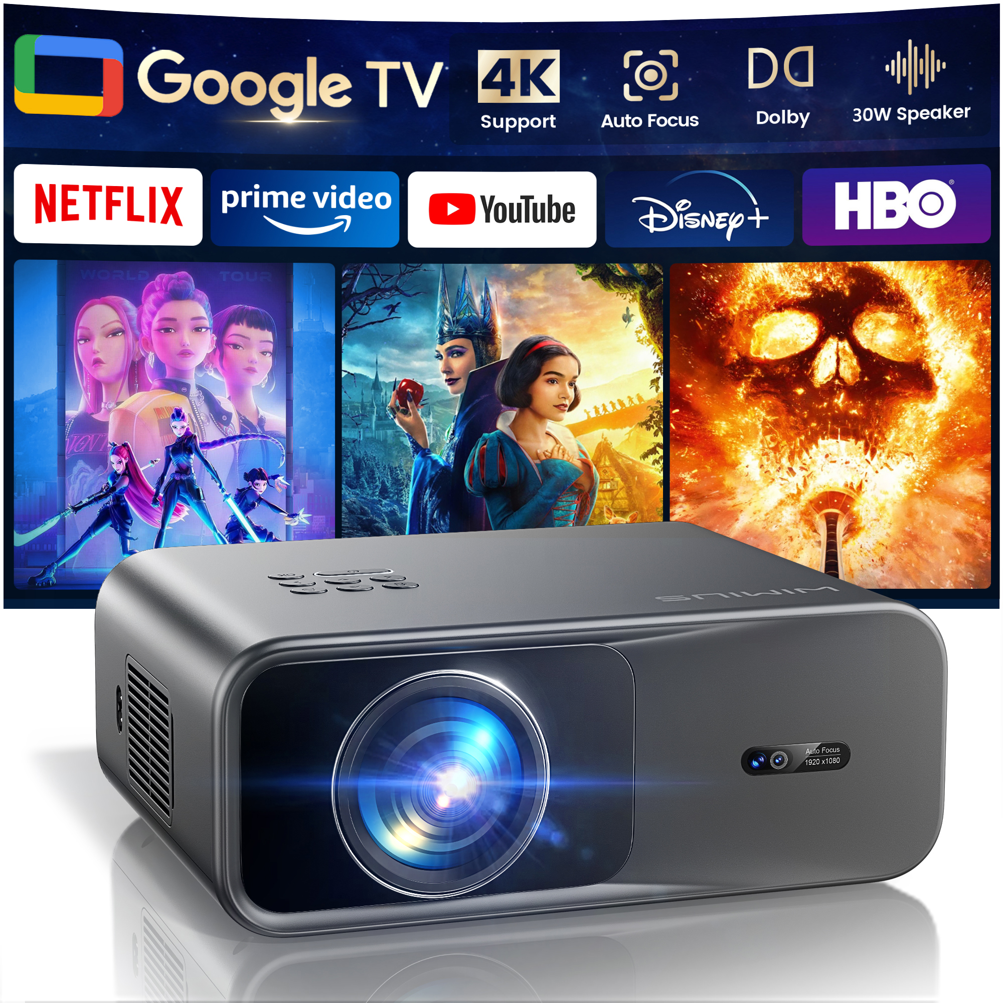 Home Cinema Hdmi - WIMIUS 1200 ANSI Projector 4K Full